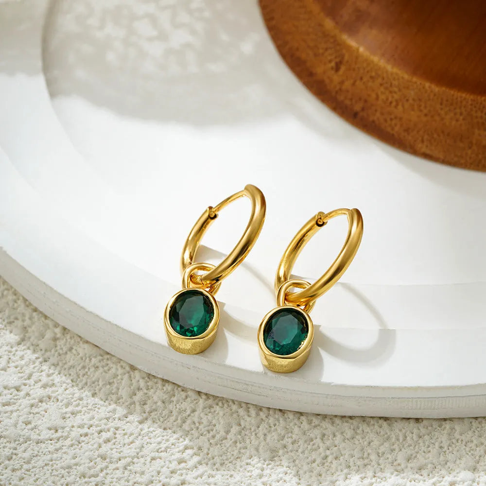 Retro oval zircon earrings for women in copper, shown in one of six colours: white, emerald, army green, black, red, or blue.