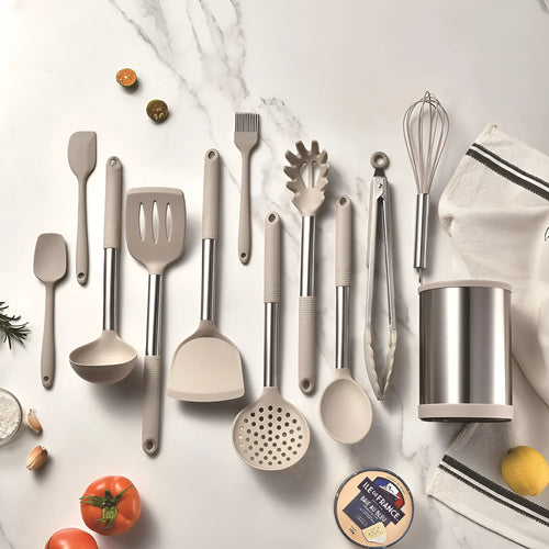 12-piece silicone kitchen utensil set in rotating storage bucket, showing spatula, ladle, and other tools.