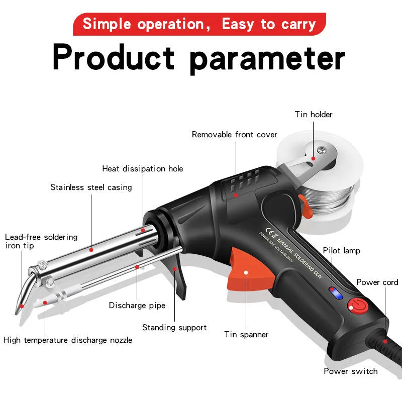 Black G102 alloy soldering gun with light from a five piece tool kit on a workbench.