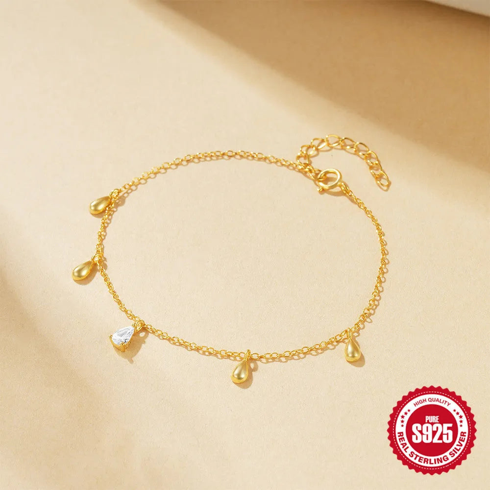 Gold tone S925 sterling silver bracelet with water drop diamond pendant geometric design