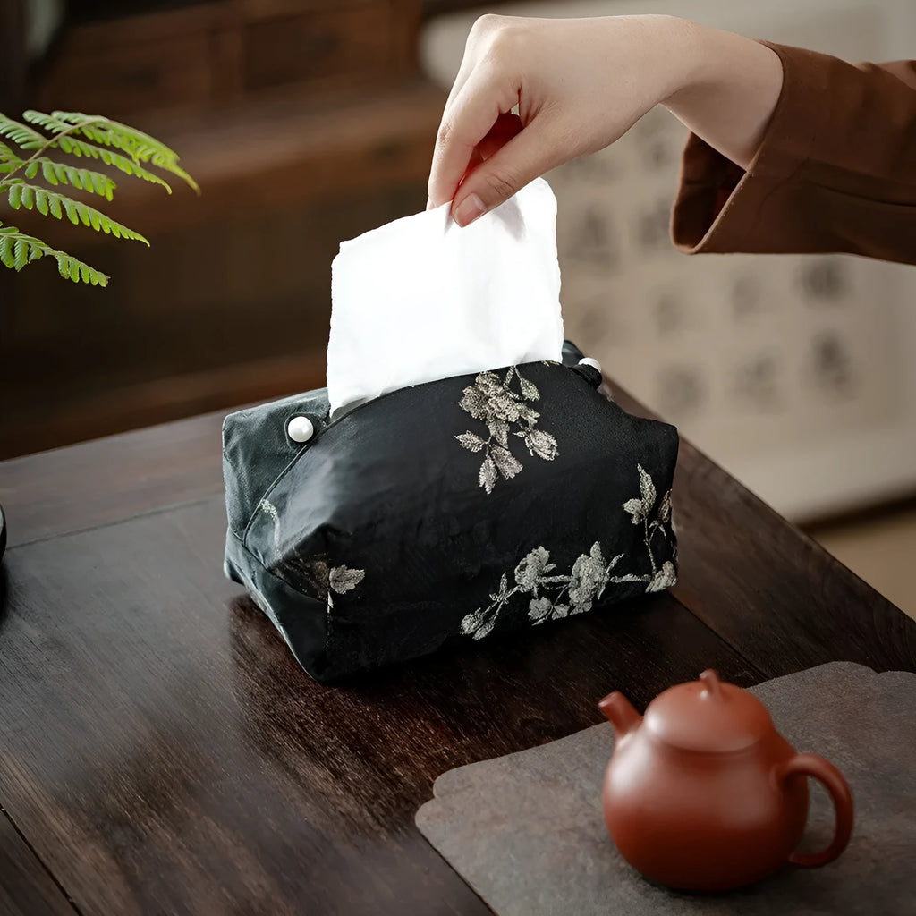 New Chinese brocade fabric tissue box in embroidery white plum colour with optional pearl buckle.