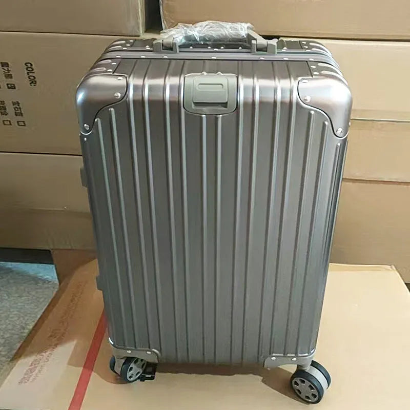 Alloy trolley case luggage with metal frame, universal wheels, solid colour, available in multiple sizes