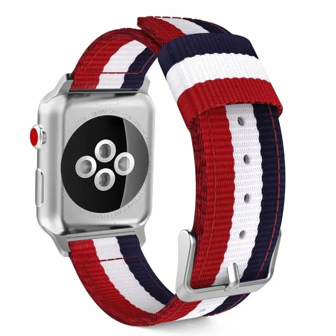Split nylon canvas watchband in rainbow colour for Apple Watch 44mm on light background
