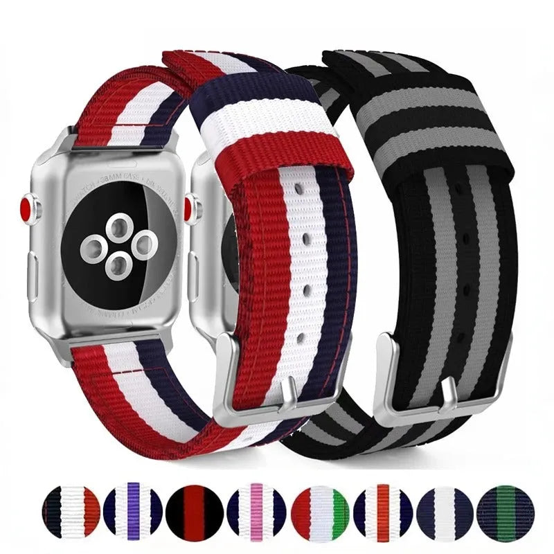Split nylon canvas watchband in rainbow colour for Apple Watch 44mm on light background