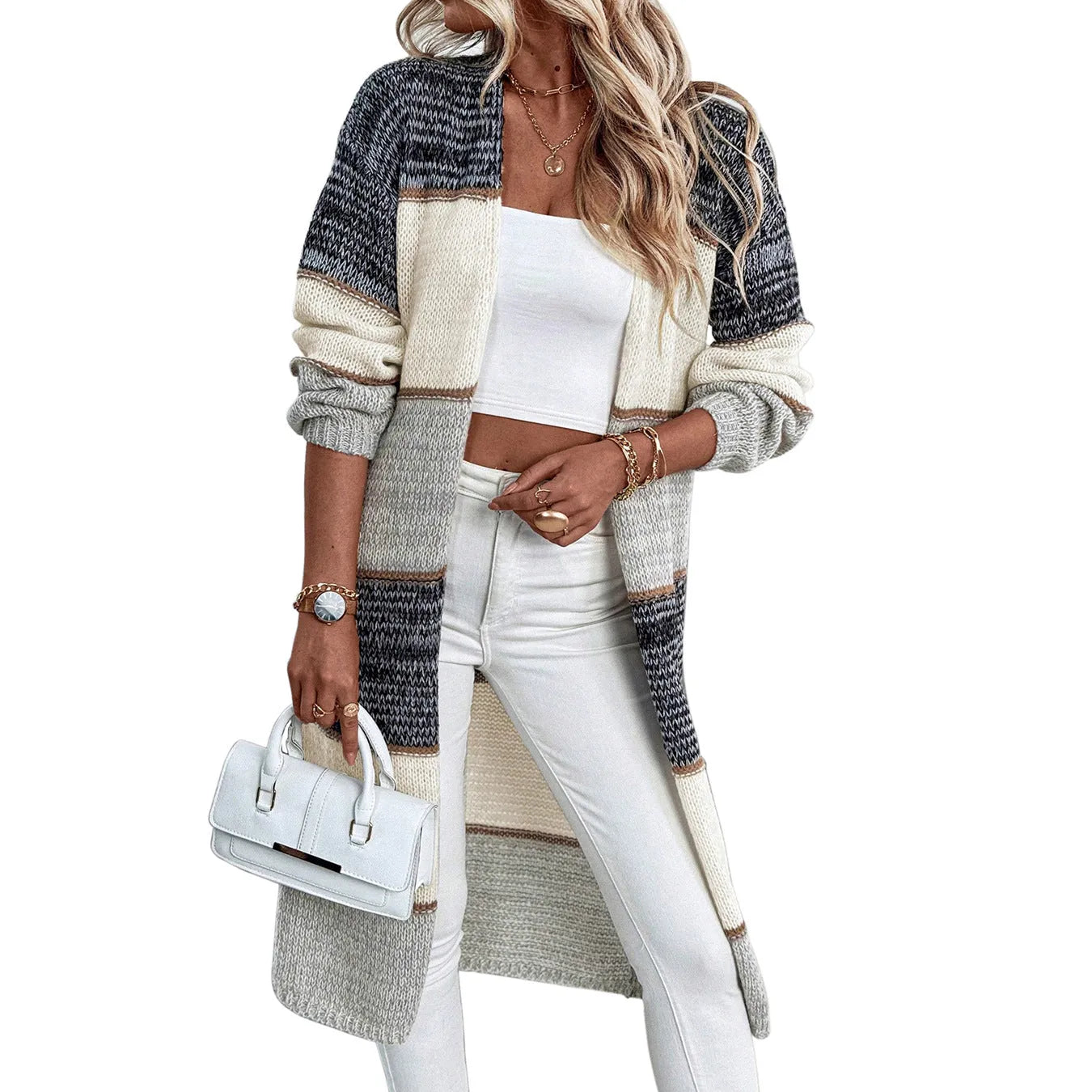 Grey striped knitted women's cardigan with loose fit and long sleeves