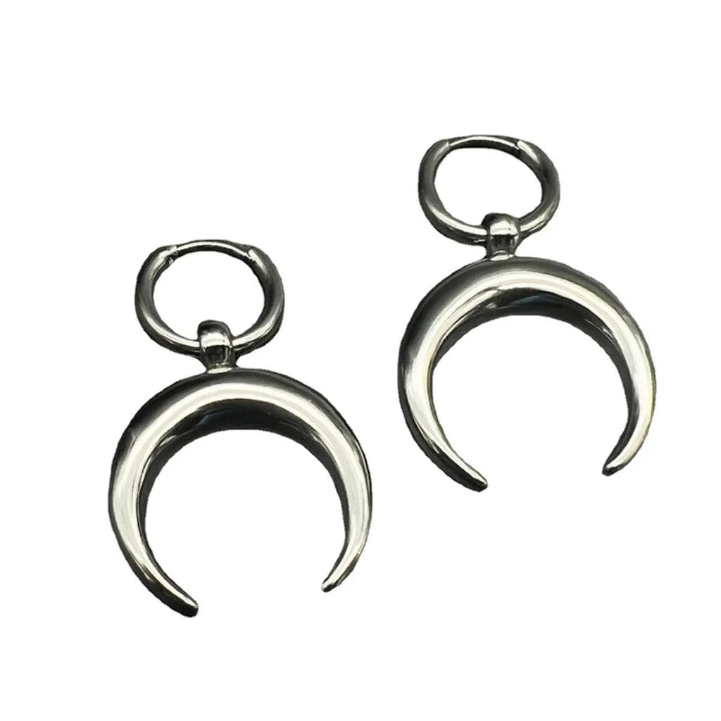 Silver vintage gothic moon big hoop earrings with geometric punk styling