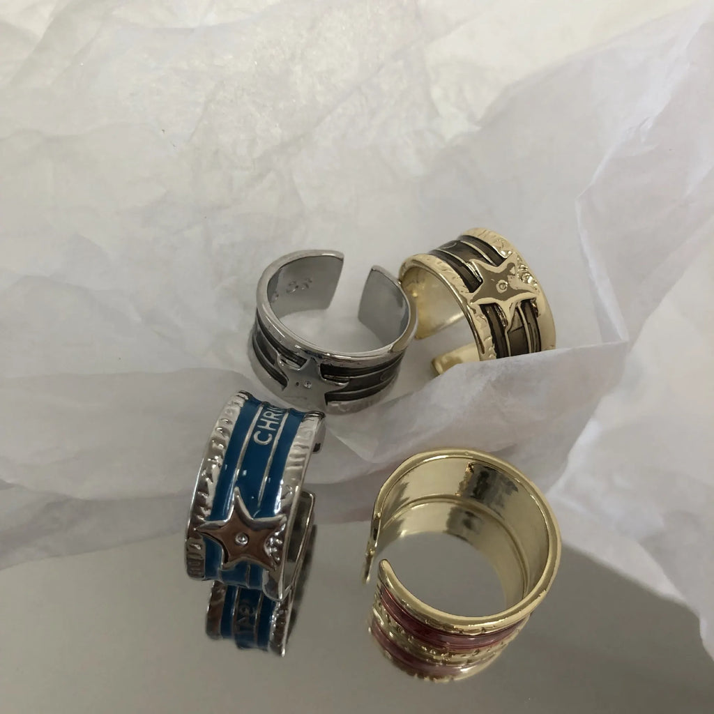 Adjustable geometric copper ring with a distressed XINGX drop oil design in ins style.