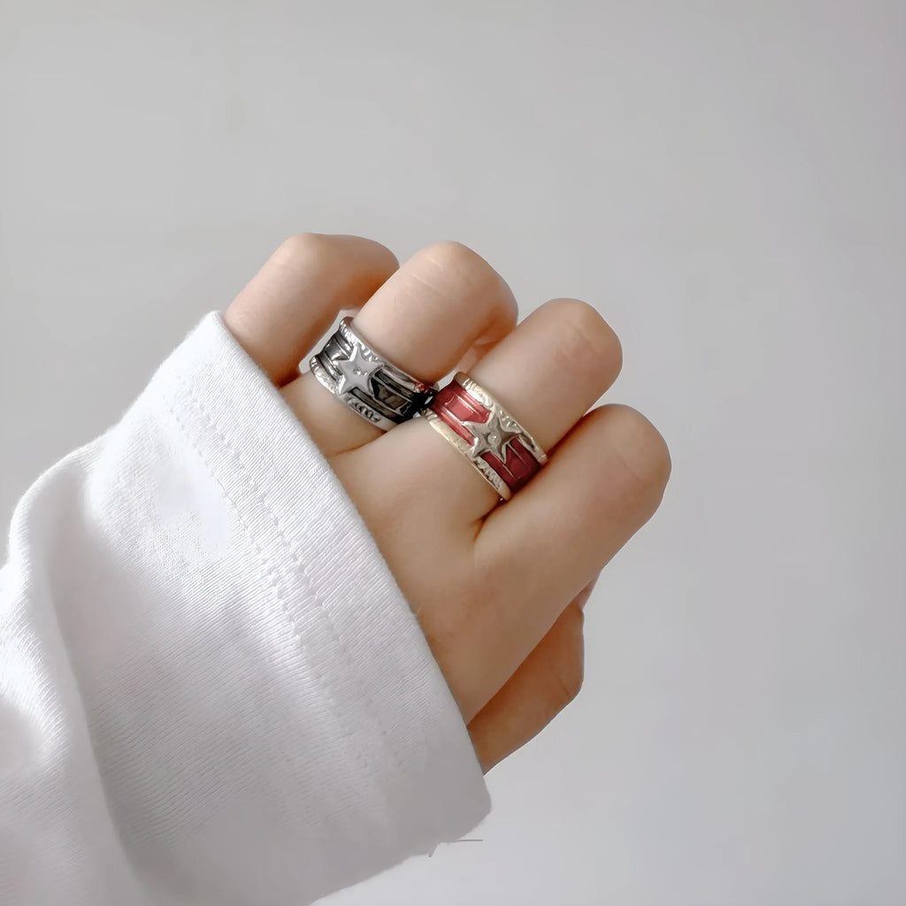 Adjustable geometric copper ring with a distressed XINGX drop oil design in ins style.