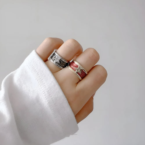 Adjustable geometric copper ring with a distressed XINGX drop oil design in ins style.