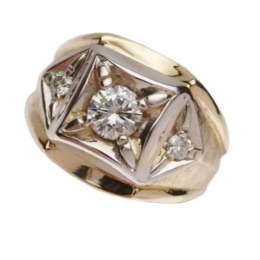 Geometric hollow couple rings in gold tone with wide face and chamfering square pattern