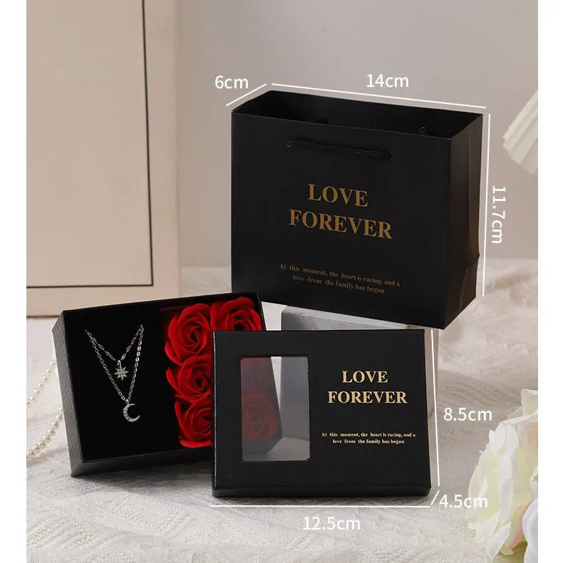 Korean style red soap flower gift set with six artificial roses in a jewellery box.