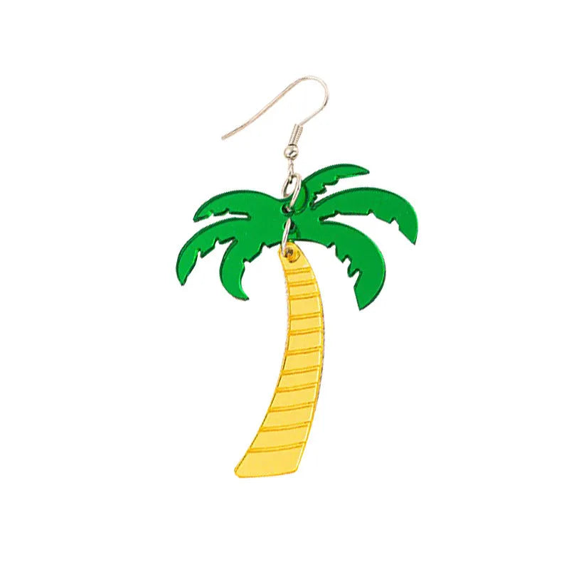 Acrylic drop-shaped earrings with coconut leaf pattern in one of five colours on an alloy hook.