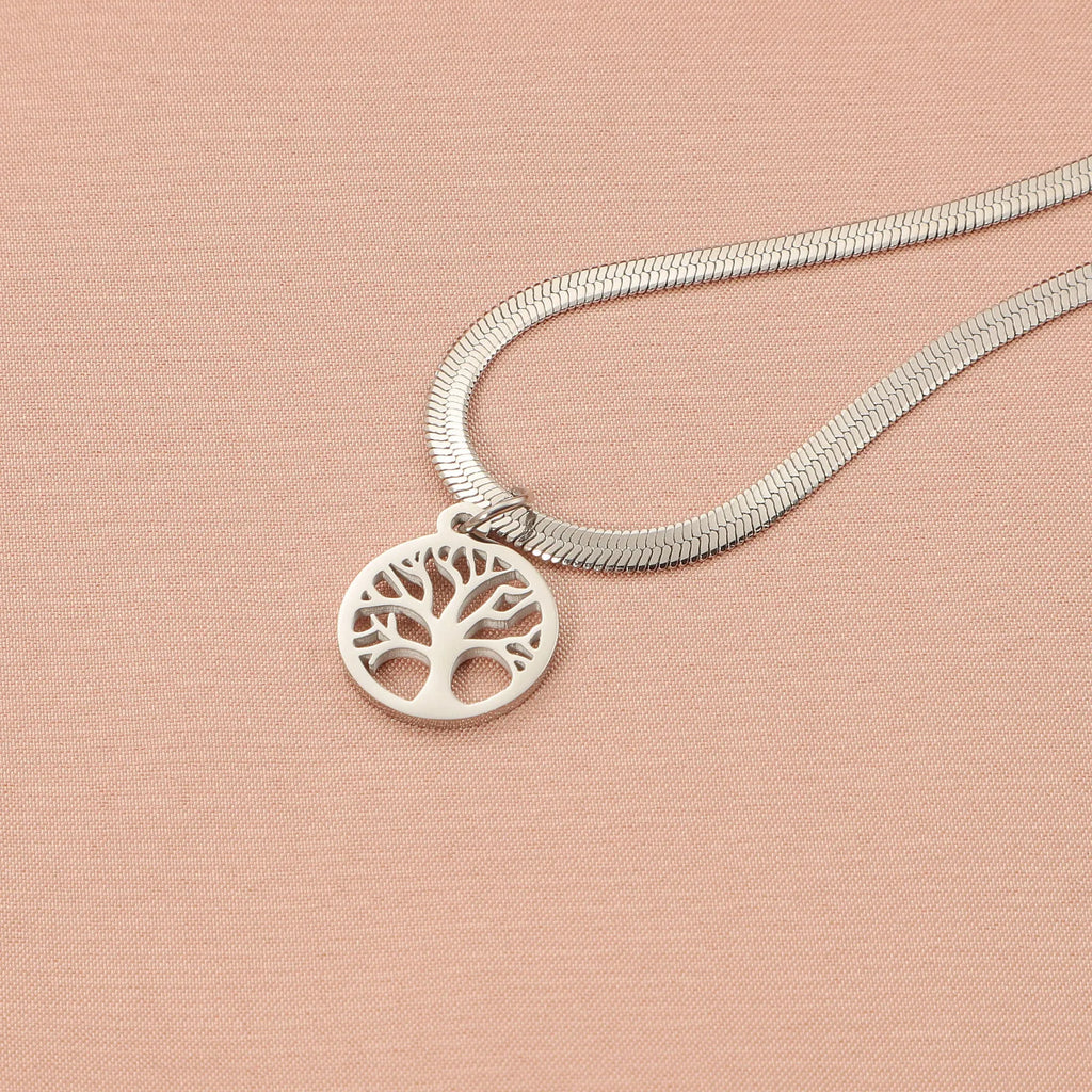 Stainless steel lucky tree pendant necklace on snake bone chain in gold finish