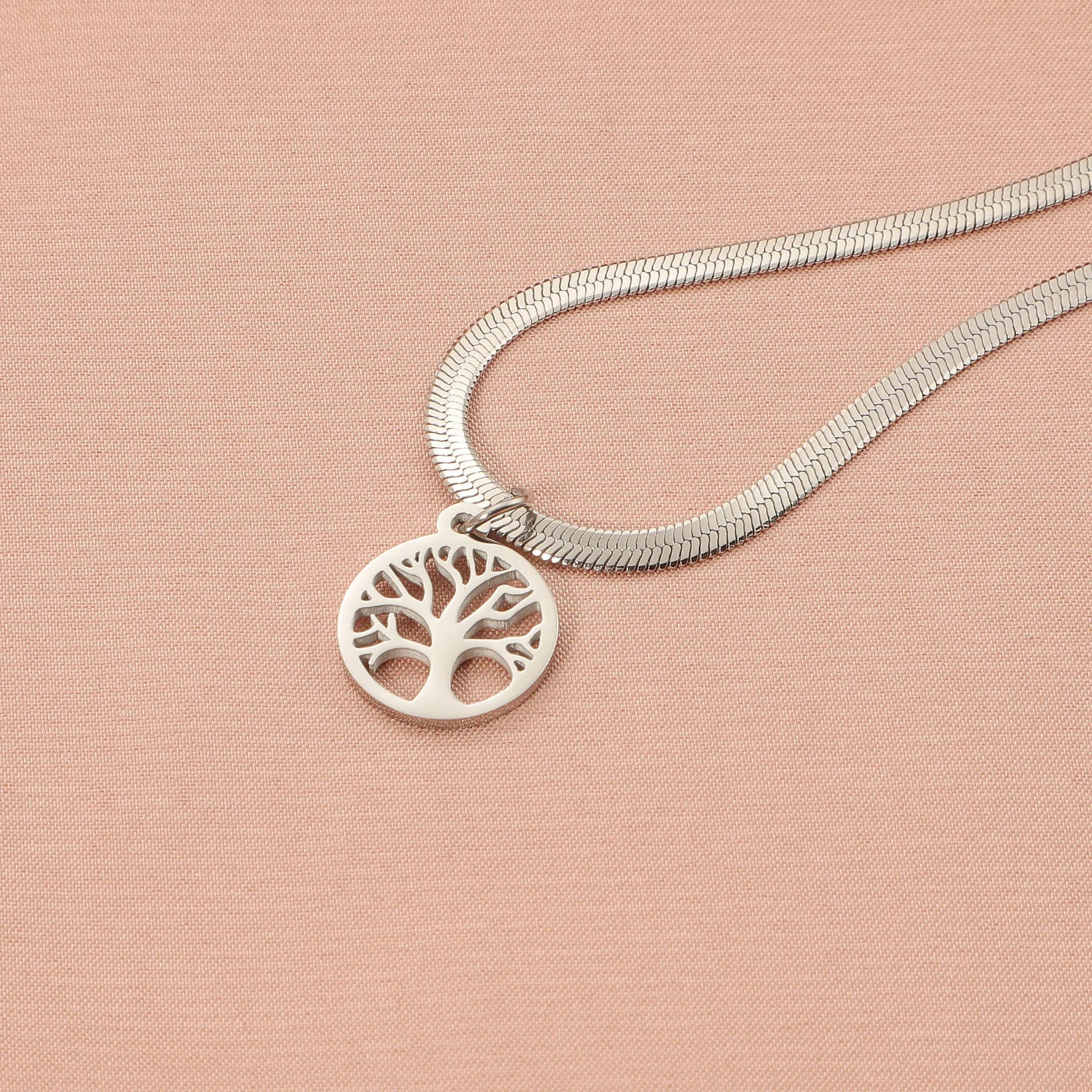 Stainless steel lucky tree pendant necklace on snake bone chain in gold finish