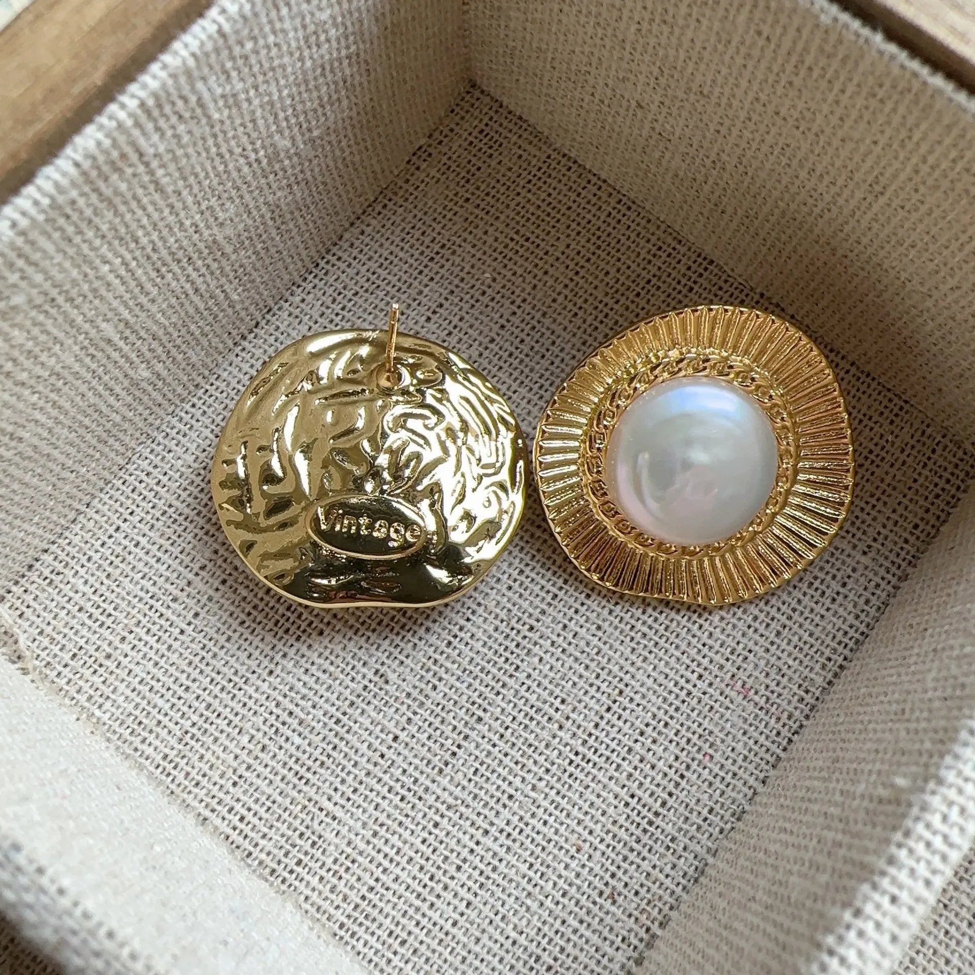 Gold electroplated round earrings with French retro styling for women