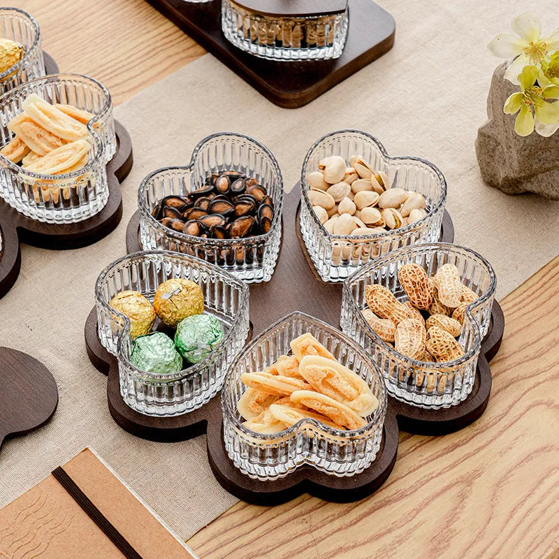 Glass retro serving tray with coloured glaze and heart-shaped transparent lids, available in 2, 3, 4, or 5 grid options.