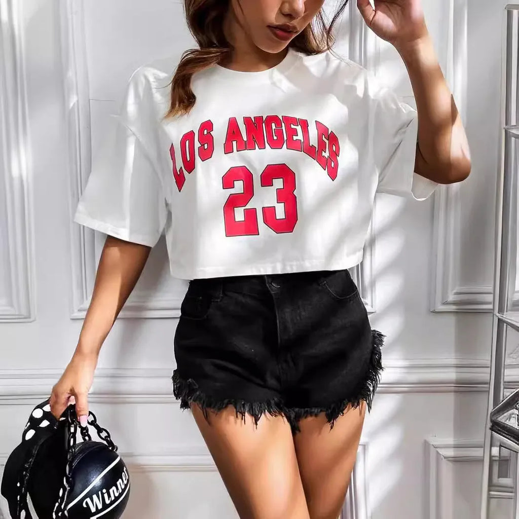 A black loose-fit cotton t-shirt with a printed design of white English letters across the chest.