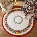 Round red Christmas carpet with festive design and non-slip backing on hardwood floor