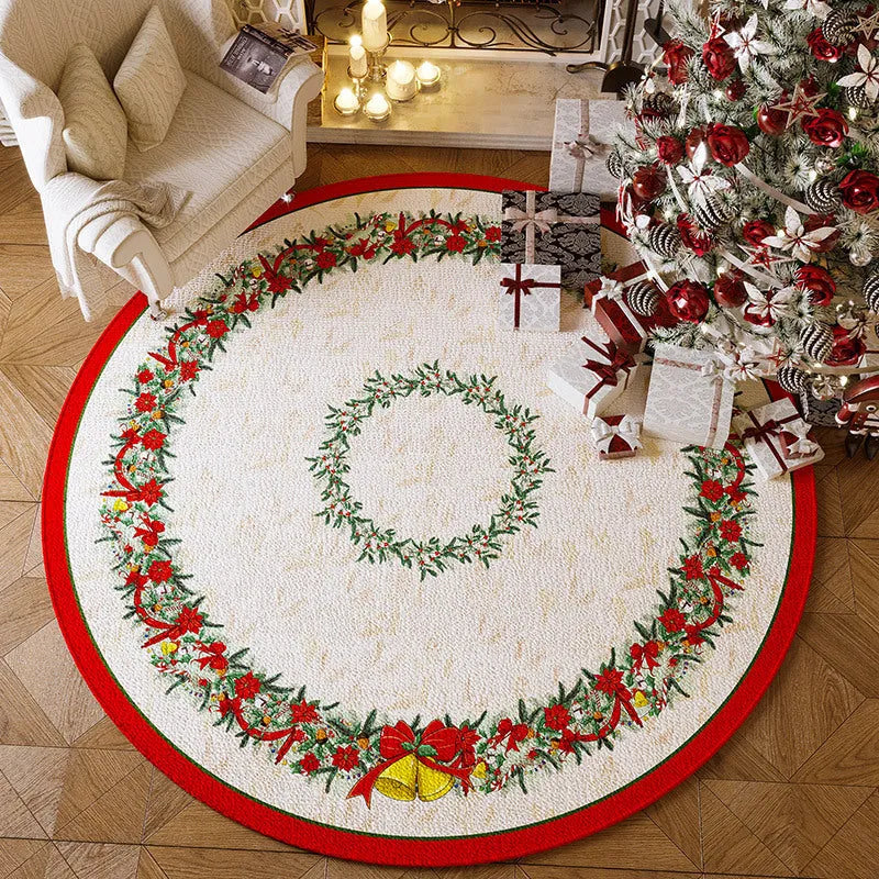 Round red Christmas carpet with festive design and non-slip backing on hardwood floor