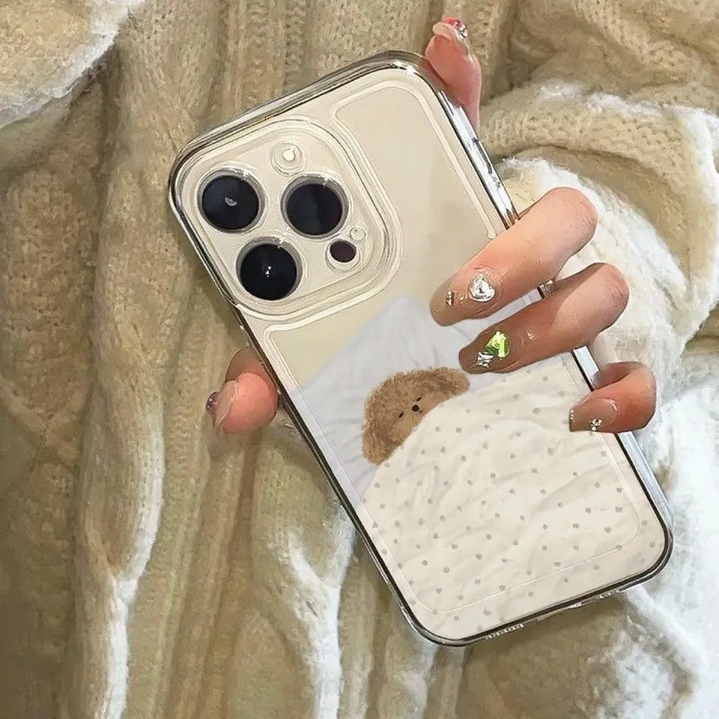 Transparent iPhone case with sleeping cat pattern showing shockproof TPU construction