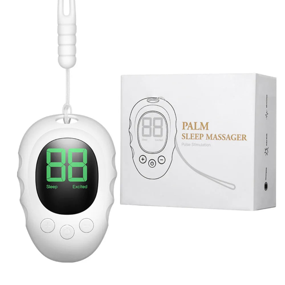 Silicone sleep aid hand grip device in white, black, and green colour options with charging cable