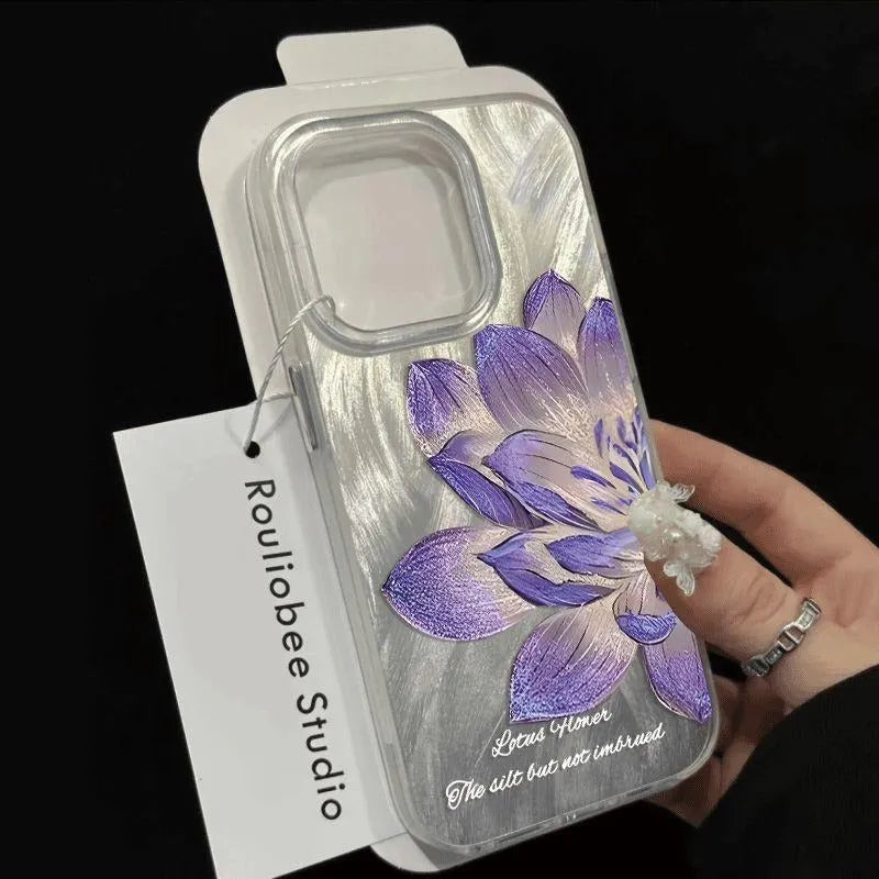 Blue Lotus design hard PC phone case for iPhone with included silicone component, shown in one of four colour variants.