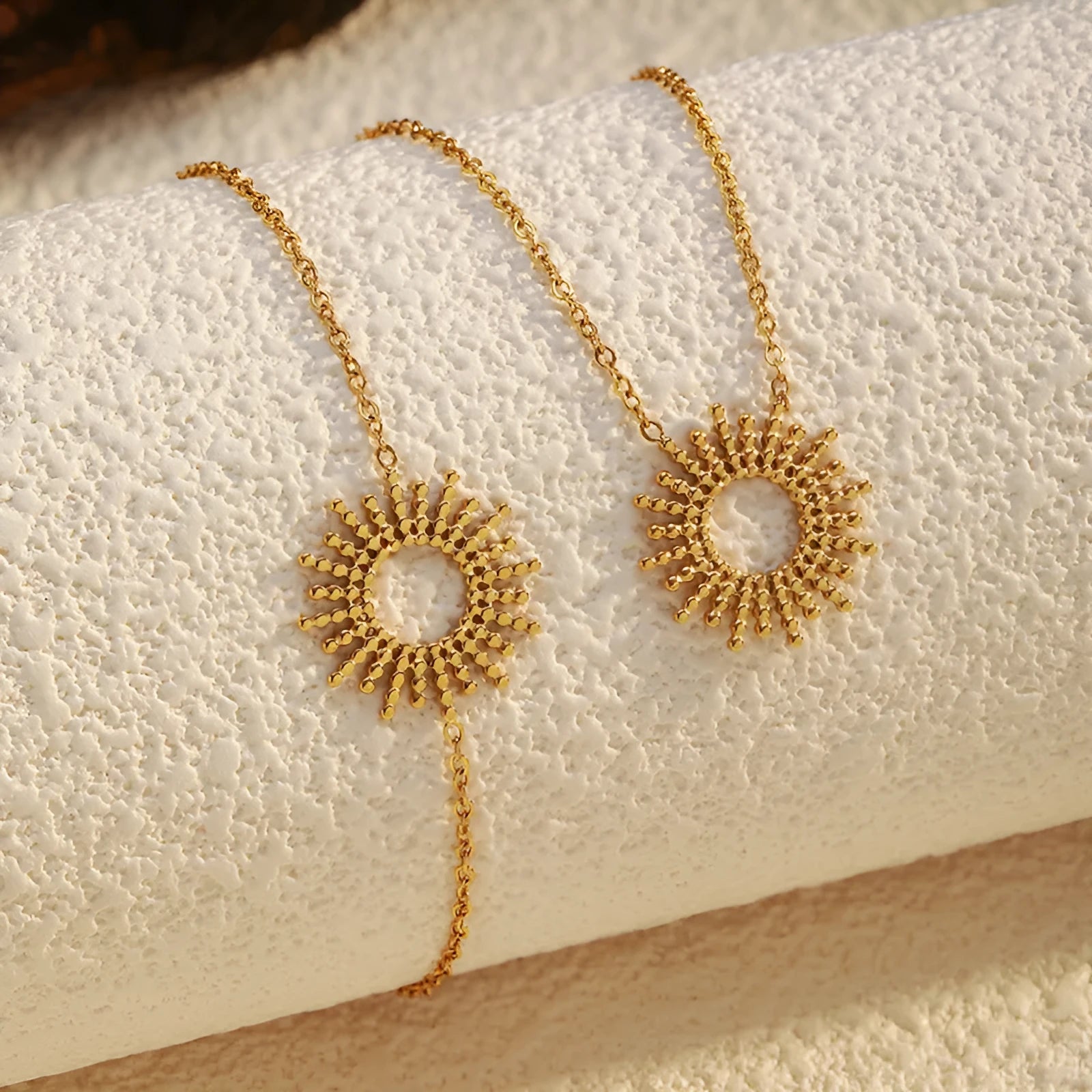 Sunflower Series 14K gold plated geometric chain necklace and bracelet set for women.