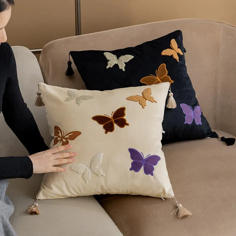 Square beige cushion with detailed Chinese-style butterfly embroidery, 45x45cm.