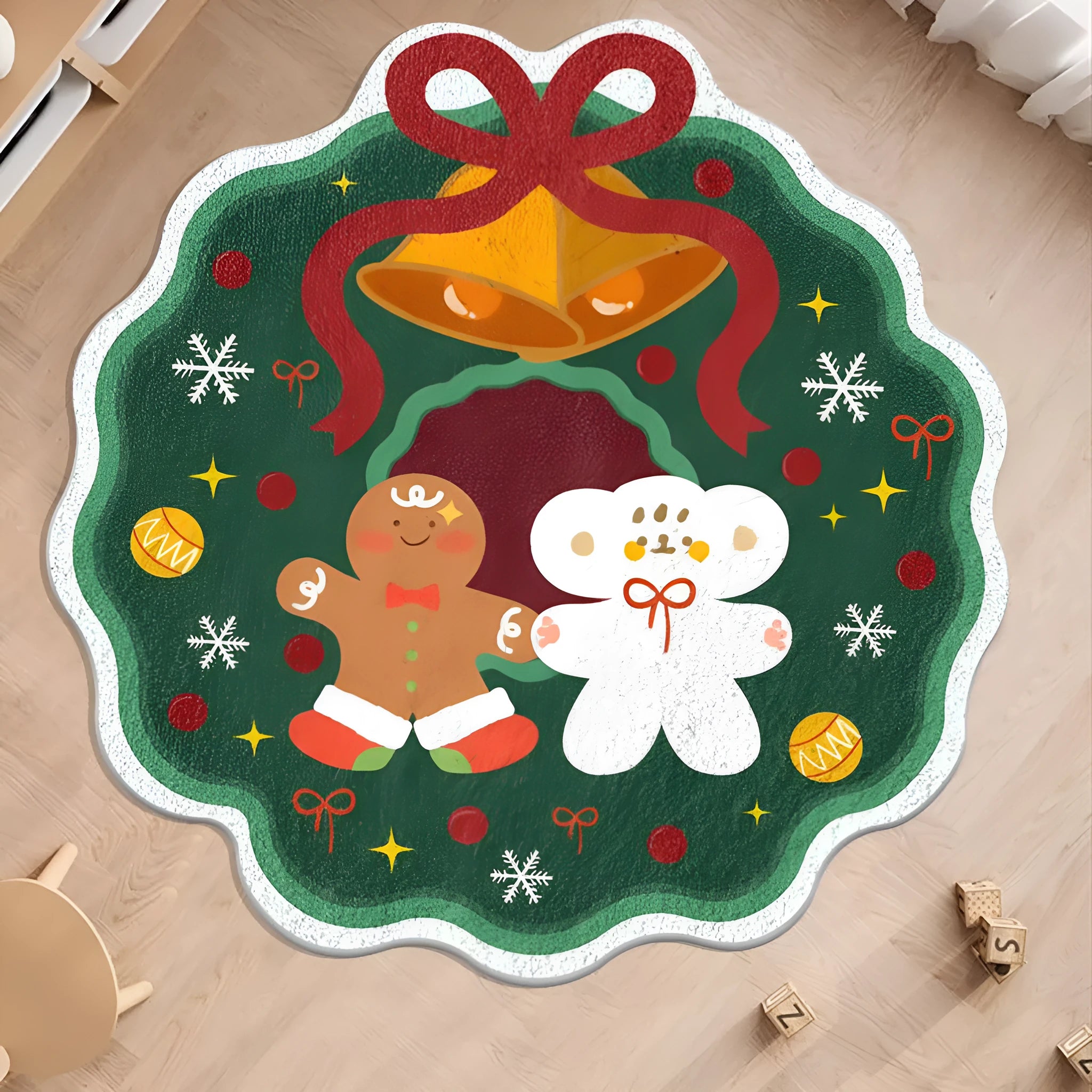 Round alien-shaped Christmas floor mat with festive patterns in imitation cashmere fabric.