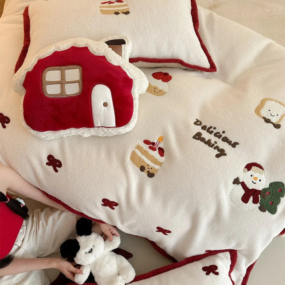 Winter Christmas cartoon bedding four-piece set with snowman design on polyester material