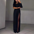 Black women's jumpsuit with an oblique off-the-shoulder neckline and a high slit on the leg.