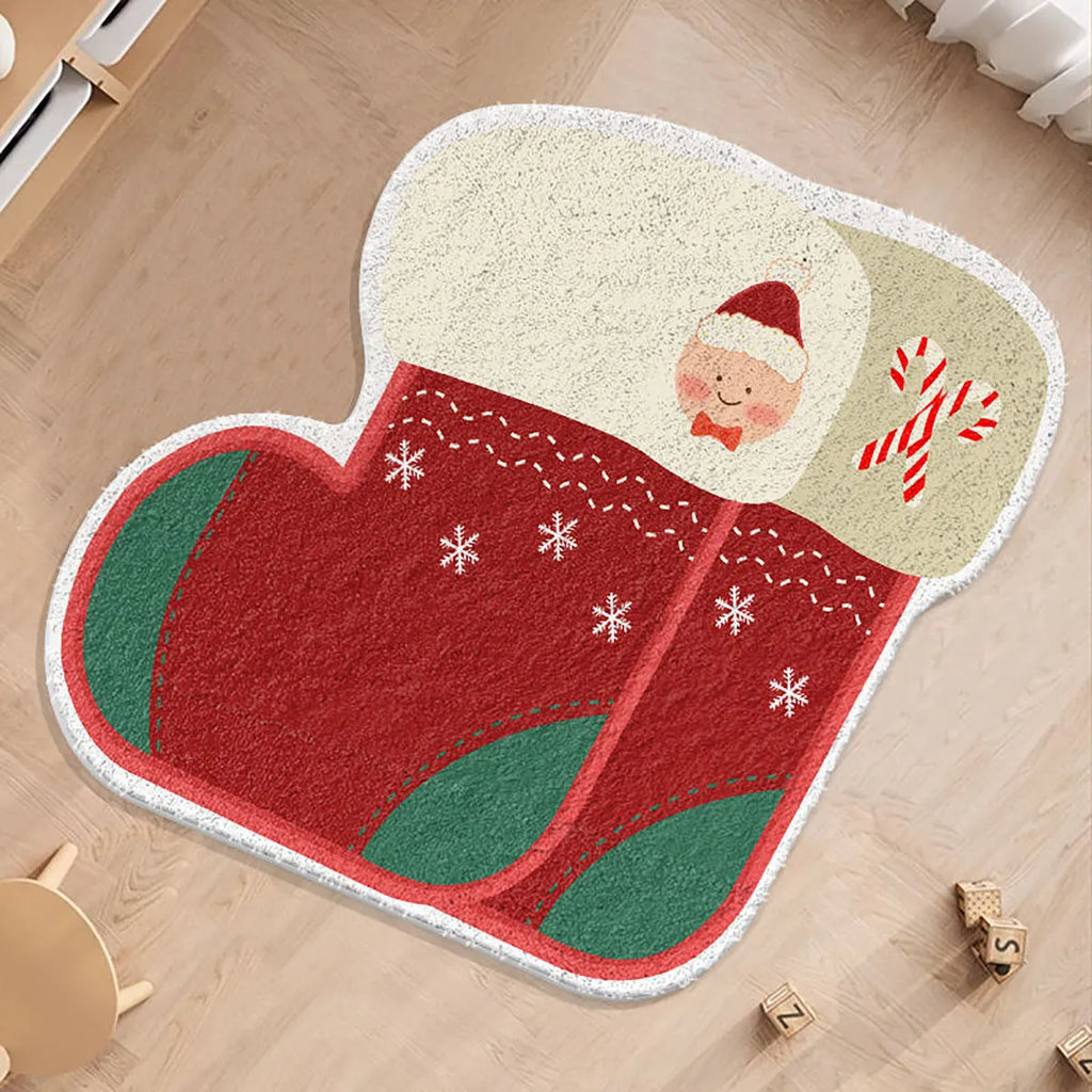 Round alien-shaped Christmas floor mat with festive patterns in imitation cashmere fabric.