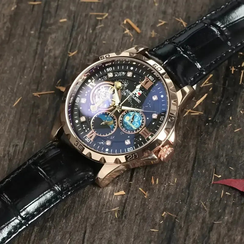 Men's black automatic watch with rose gold shell, large hollow dial, and genuine leather strap.