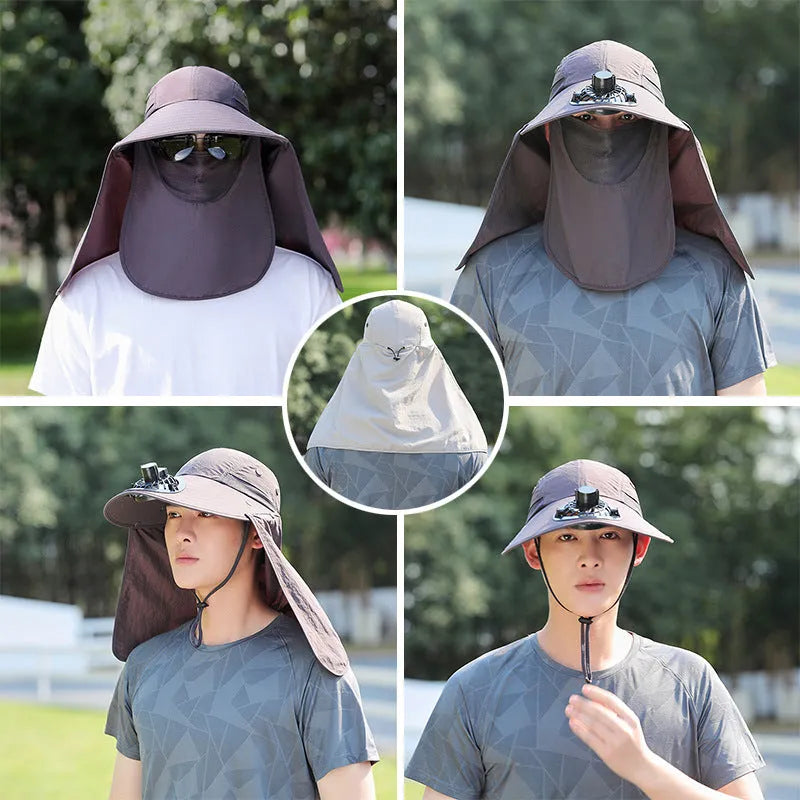 Men's sun protection hat with integrated USB fan and neck covering shawl in khaki colour