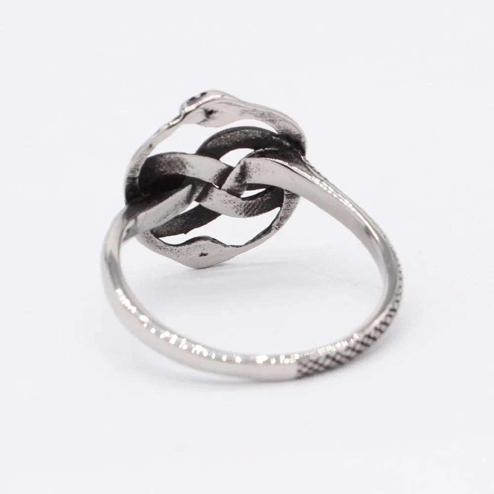 Detailed view of a titanium steel retro double snake ring in steel colour on a finger