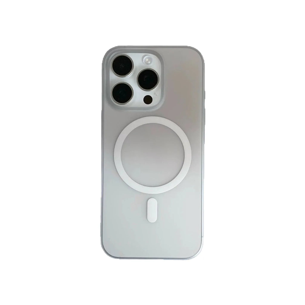 Frosted gradient blue magnetic suction case for iPhone, showing ultra-thin PC construction.