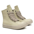 Black genuine leather high-top sneakers with side zipper and platform sole.