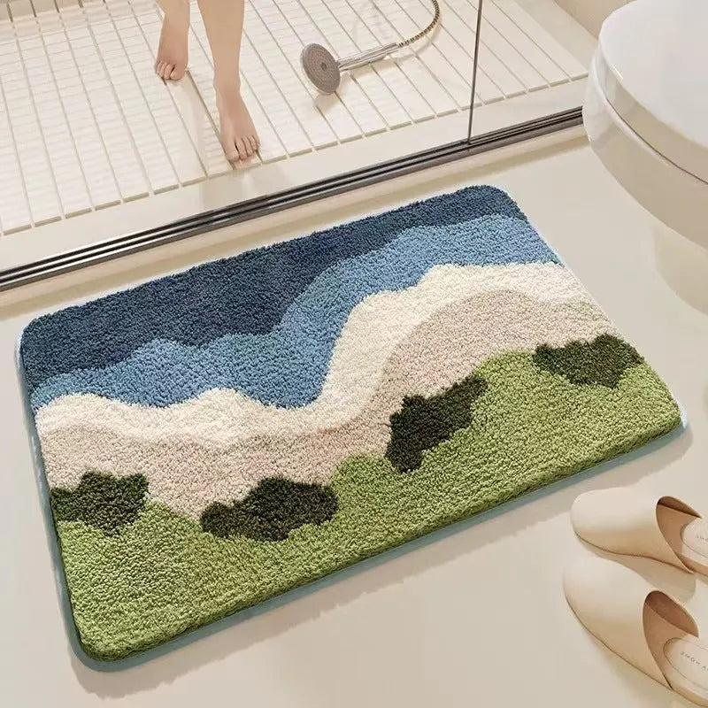 Sky sea rainbow print cashmere carpet floor mat with a plastic bottom.