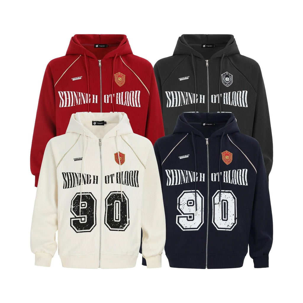 Women's American retro style cotton blend hooded casual jacket with letter embroidery in loose fit