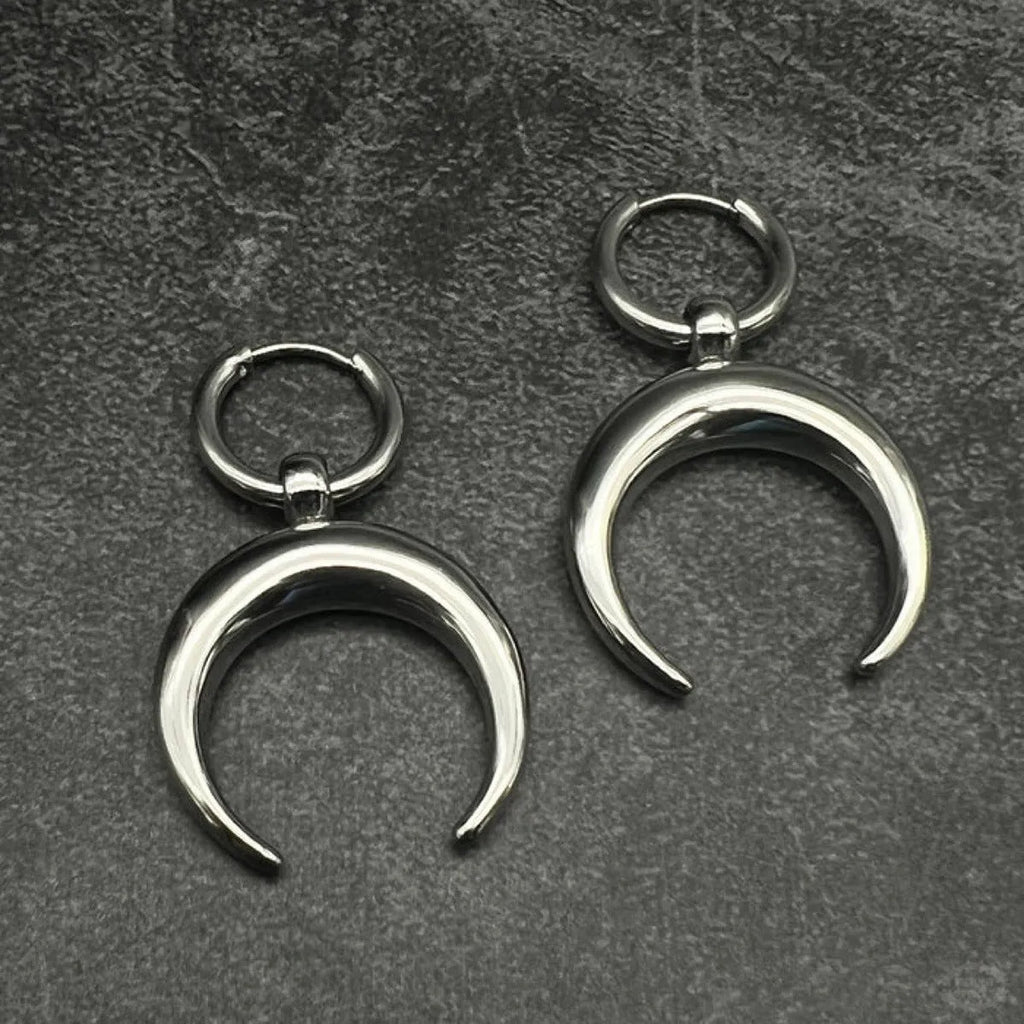 Silver vintage gothic moon big hoop earrings with geometric punk styling