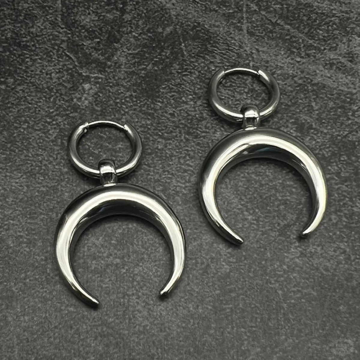 Silver vintage gothic moon big hoop earrings with geometric punk styling