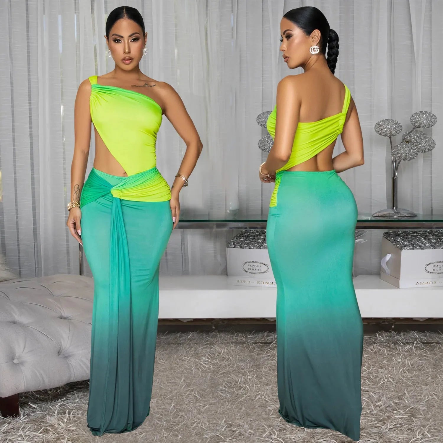 Women's sleeveless cross-shoulder dress in a gradient colour with a high waist and long skirt.