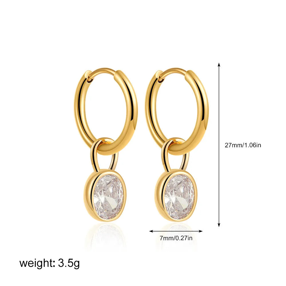 Retro oval zircon earrings for women in copper, shown in one of six colours: white, emerald, army green, black, red, or blue.