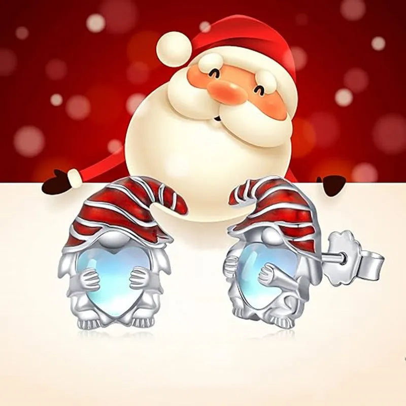 Women's Santa Claus design heart-shaped earrings with white gold finish