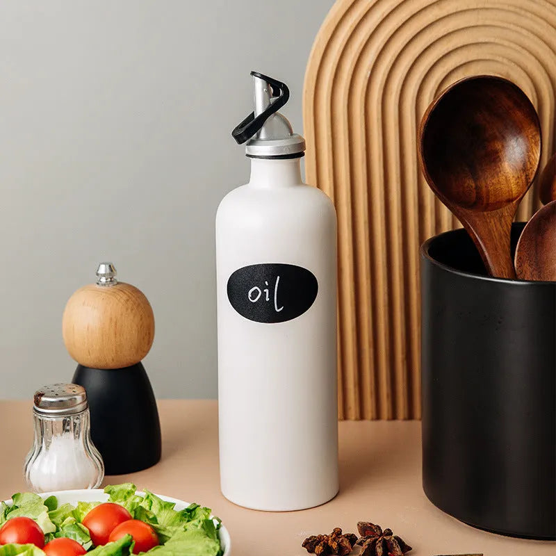 Ceramic oil pot with plastic funnel and brush in black, coffee, or white colour, 650ml capacity