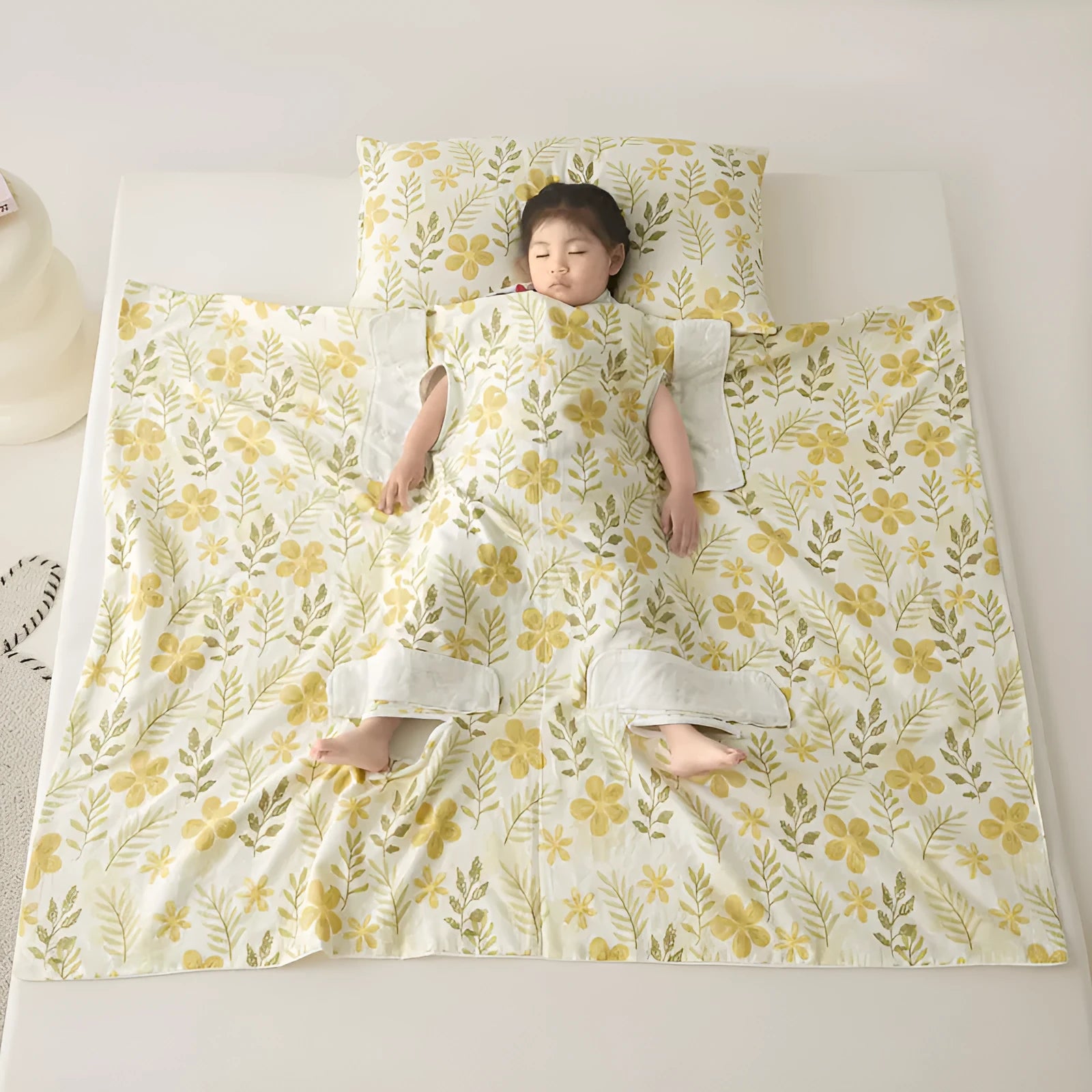 Anti-kick sleeping bag style blanket in a colourful pattern on a bed.