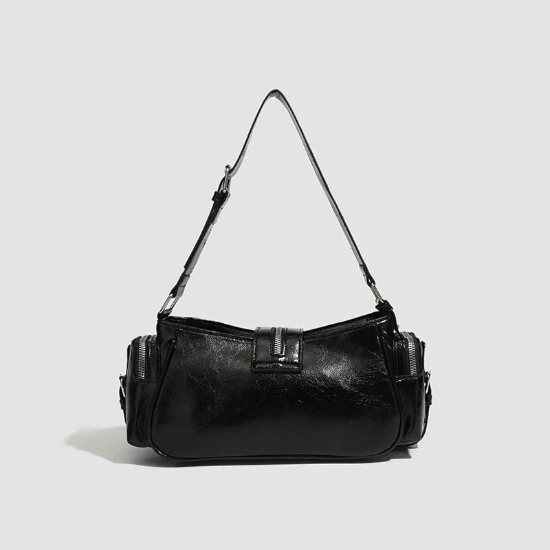 Black dumpling shaped retro shoulder handbag with oil wax PU leather and organisational compartments