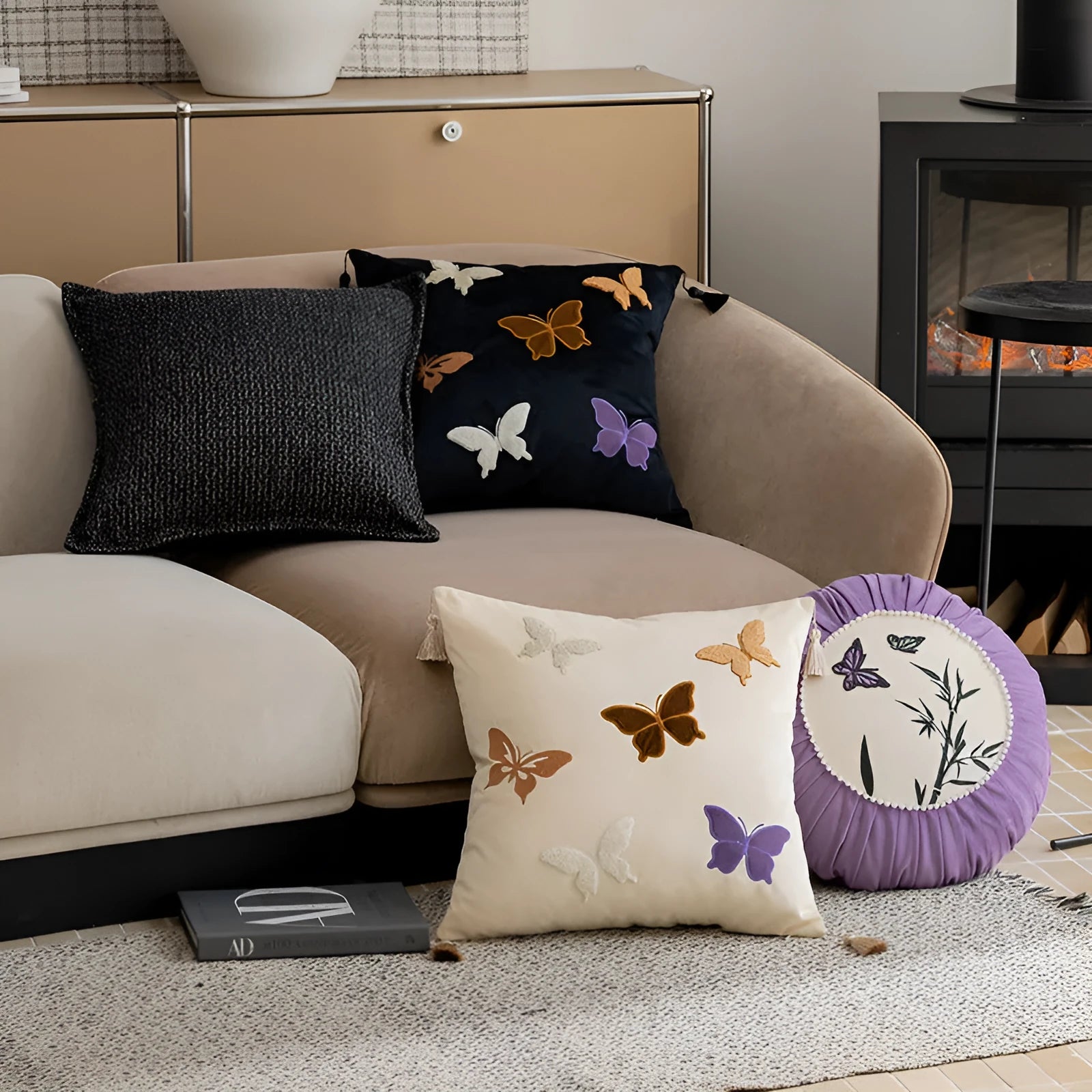 Square beige cushion with detailed Chinese-style butterfly embroidery, 45x45cm.