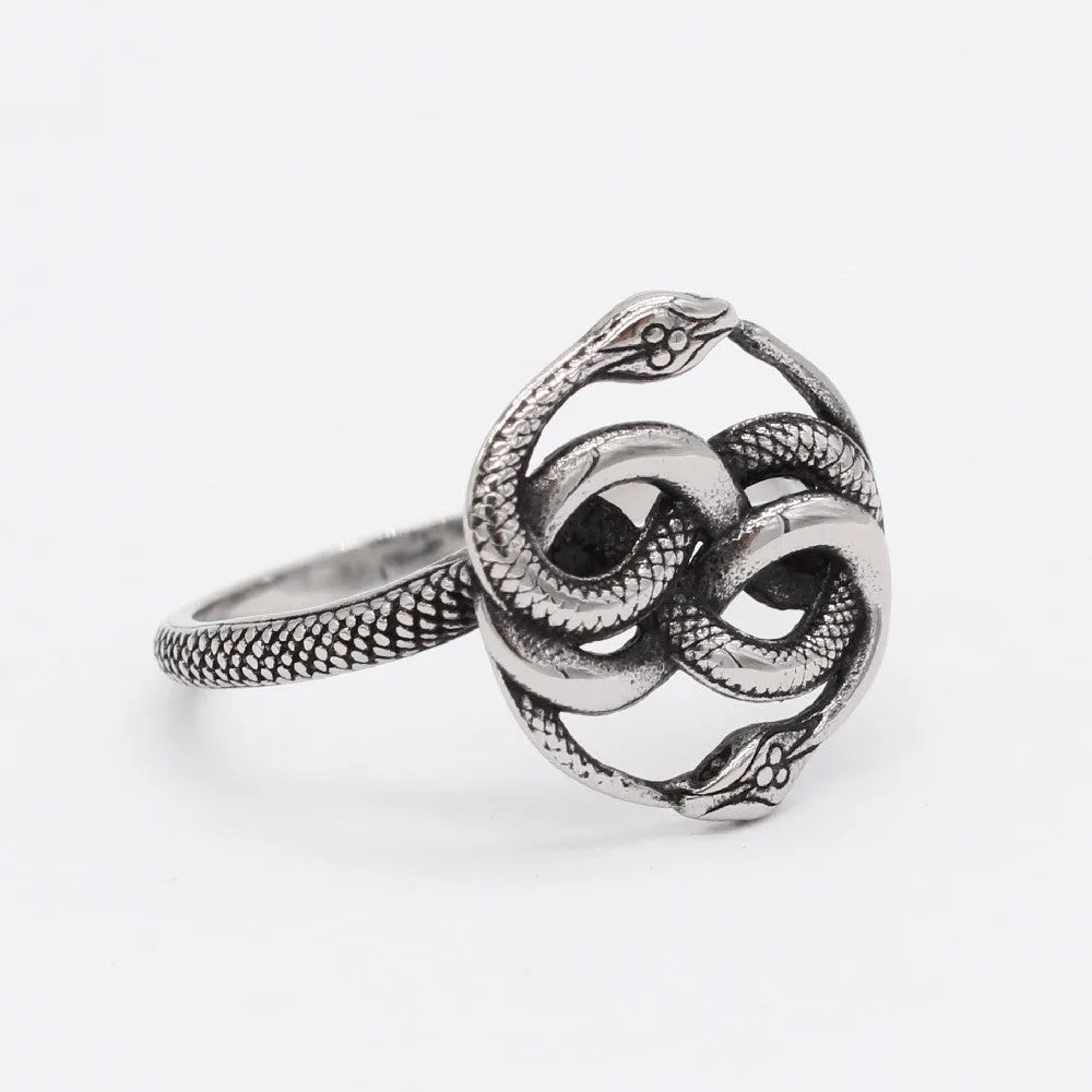 Detailed view of a titanium steel retro double snake ring in steel colour on a finger