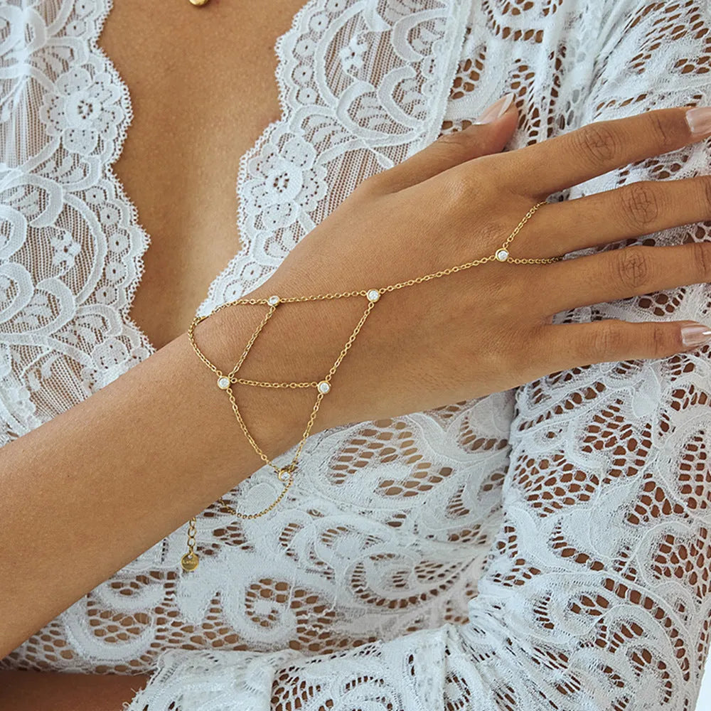 Zircon mitten-type bracelet with tassel, stainless steel and alloy, light luxury women's jewellery geometric round design
